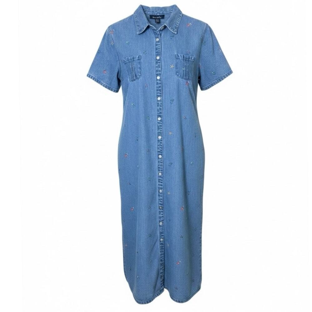 VTG 90s Denim & Co Embroidered Floral Denim Snap Front Maxi Shirtdress Large